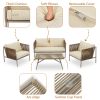GO 4-Piece Rope Sofa Set with Thick Cushions and Toughened Glass Table, All-Weather Patio Furniture Set For 4 Person With Loveseat, Beige
