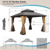 12'x12' Hardtop Gazebo, Outdoor Cedar Wood Frame Canopy with Galvanized Steel Double Roof, Outdoor Permanent Metal Pavilion with Curtains and Netting
