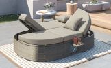 TOPMAX Outdoor Sun Bed Patio 2-Person Daybed with Cushions and Pillows, Rattan Garden Reclining Chaise Lounge with Adjustable Backrests and Foldable C