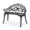 Outdoor Cast Aluminum Patio Bench, Porch Bench Chair with Curved Legs Rose Pattern, Black