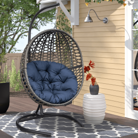 Wicker Basket Swing Chair;  Hanging Egg Chairs with Durable Stand and Waterproof Cushion for Outdoor Patio (Color: Navy Blue)