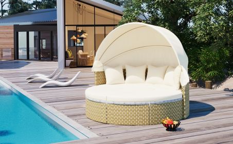 TOPMAX Patio Furniture Round Outdoor Sectional Sofa Set Rattan Daybed Two-Tone Weave Sunbed with Retractable Canopy, Separate Seating and Removable Cu (Color: as Pic)